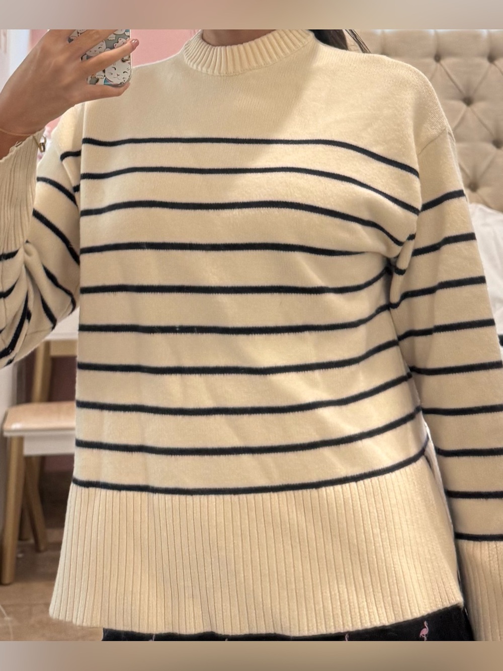 Zara Cream and Black Striped Cowlneck Sweater